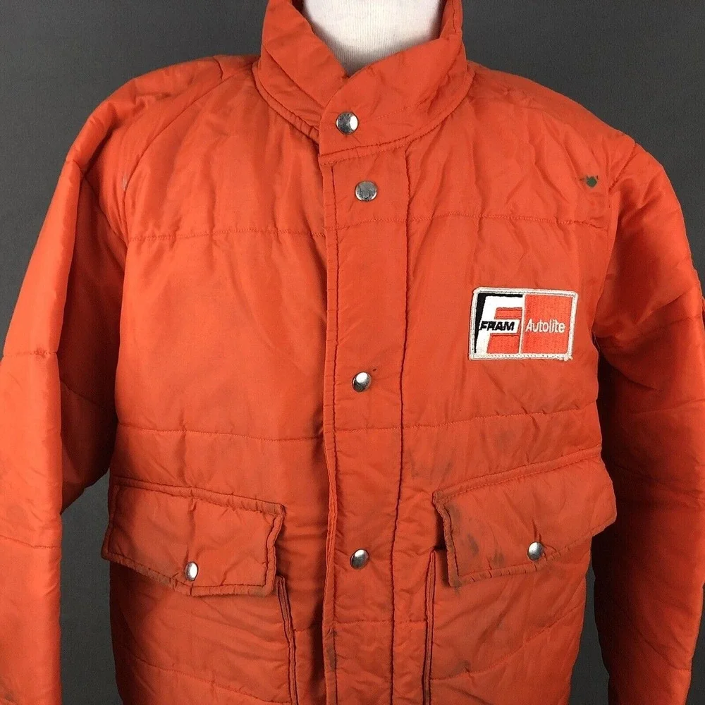 Fram Autolite VTG 70s Employee Uniform Puffer‎ Coat Large Mechanic's Jacket